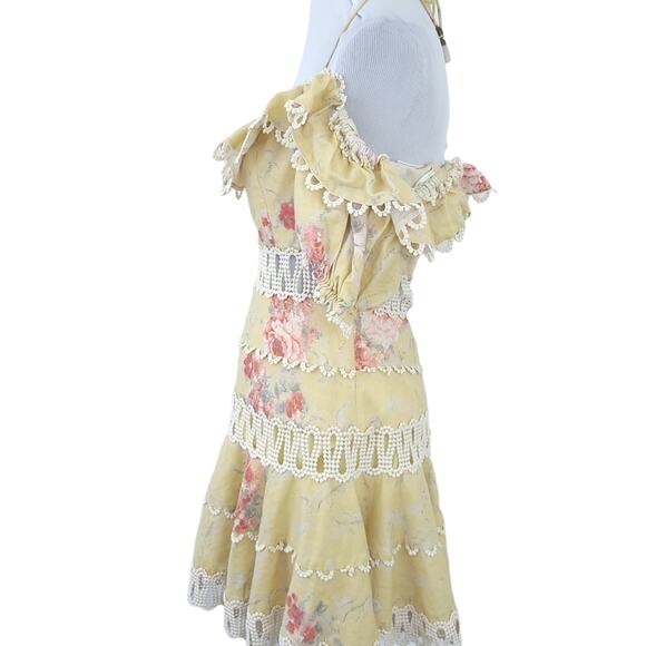 Zimmermann Melody Off Shoulder Mini Dress Yellow Floral (1) Size 6 Flirty Linen - Picture 9 of 13